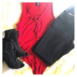 Beautiful Deep Red Sleeveless Lace Up Bodysuit
